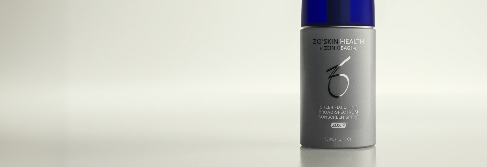 ZO Skin Health sunscreen products including Gel Sunscreen SPF 50, Sheer Fluid Tint SPF 45, and Daily Mineral Sunshade SPF 45 displayed side by side on a neutral background.